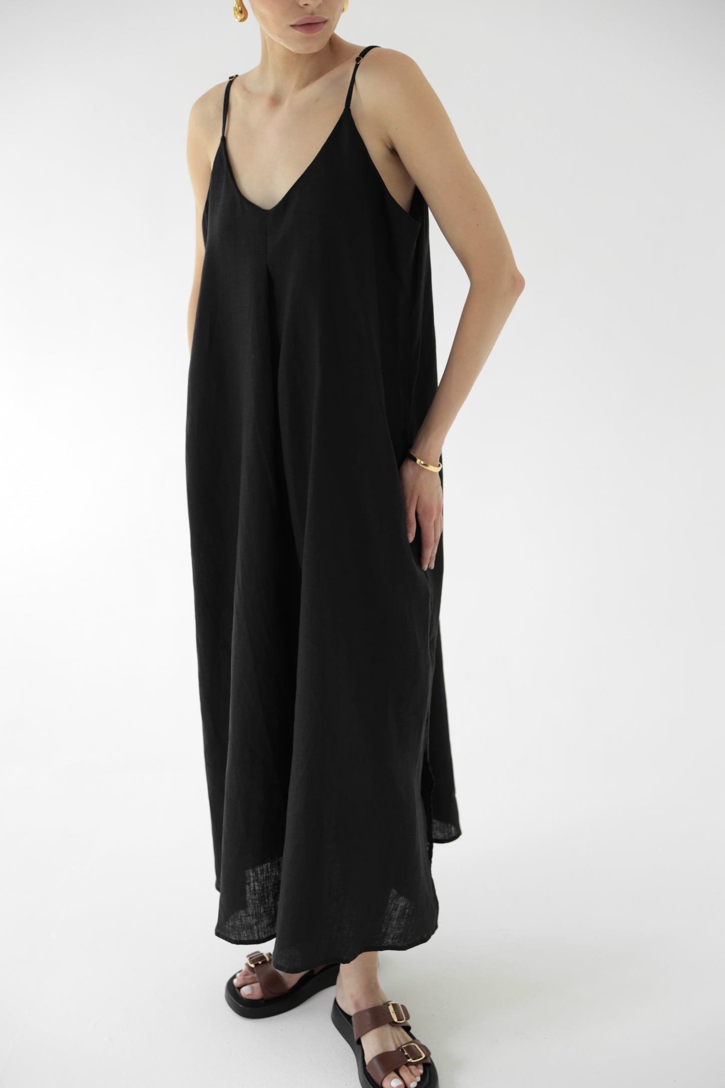 Black linen sundress without lining