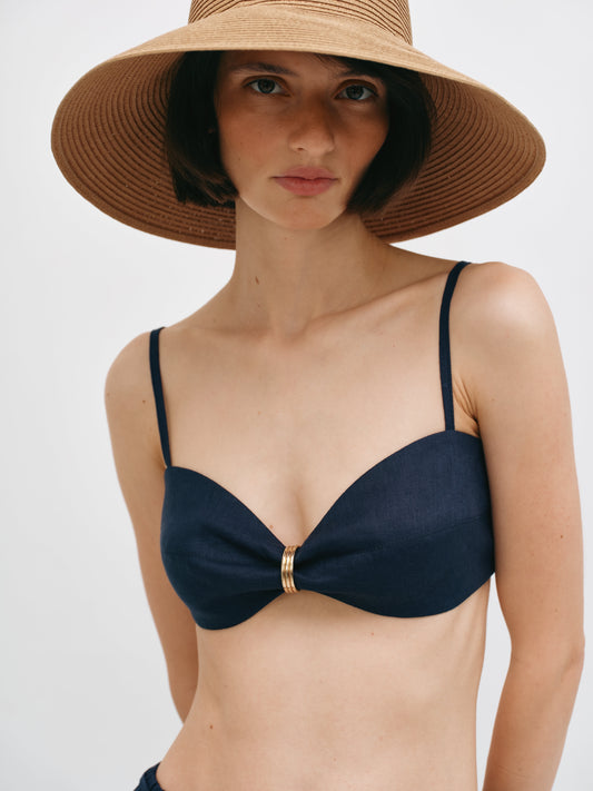 Топ з чашками з льону синій