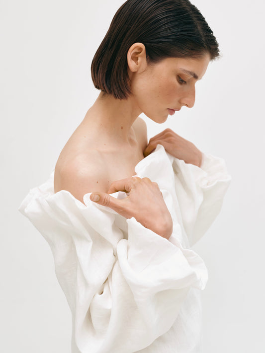 Сукня буф максі з льону молочна