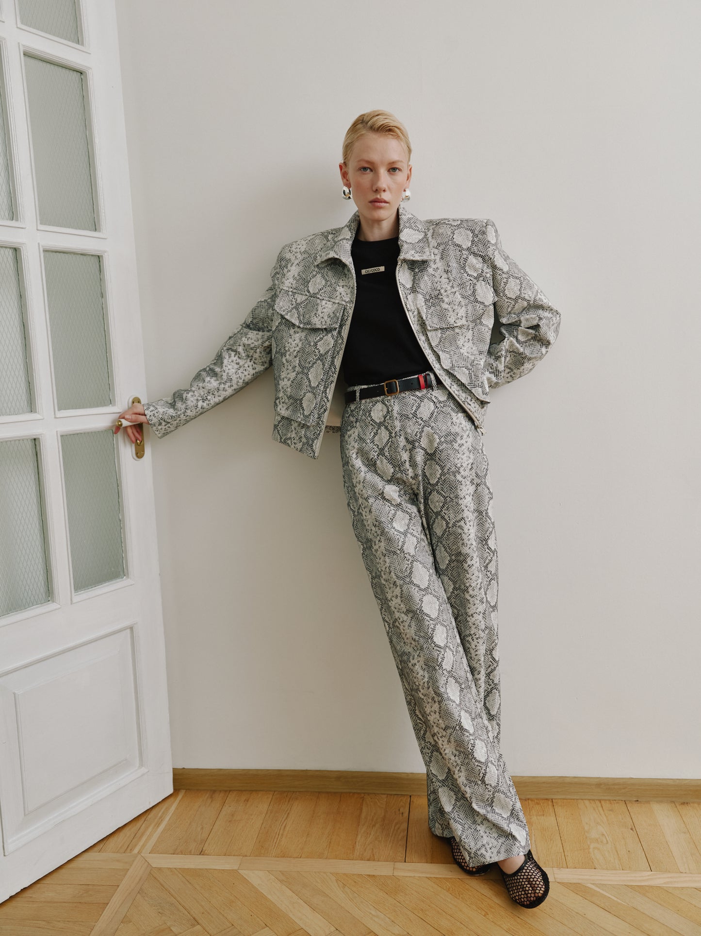 Eco-leather printed trousers