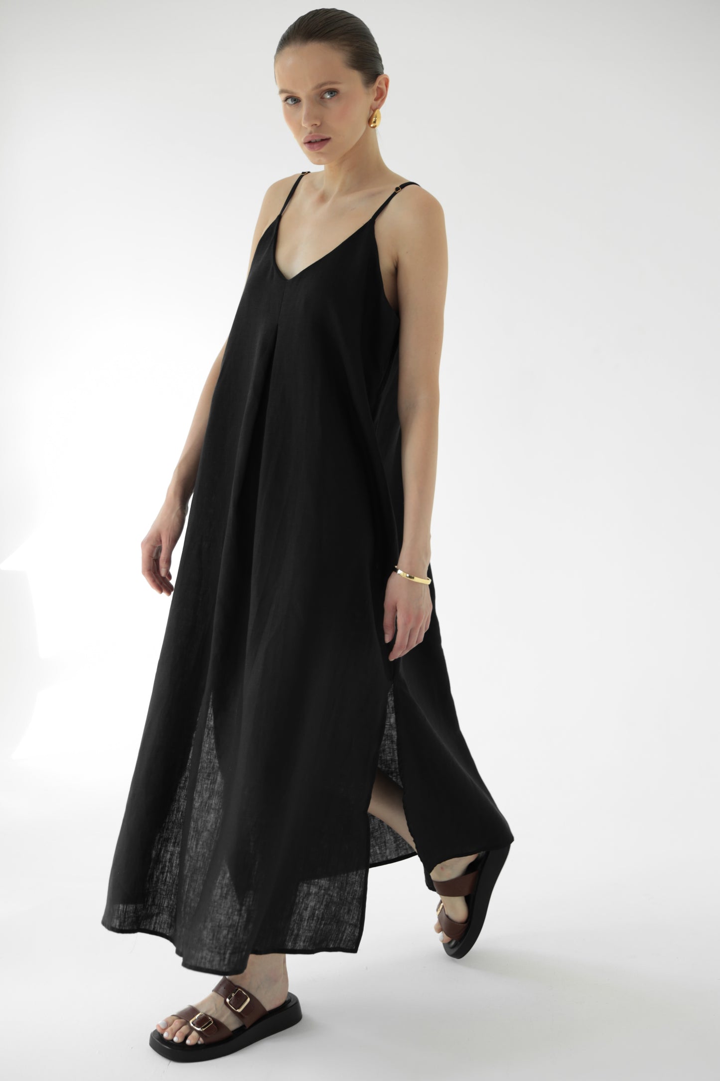 Black linen sundress without lining