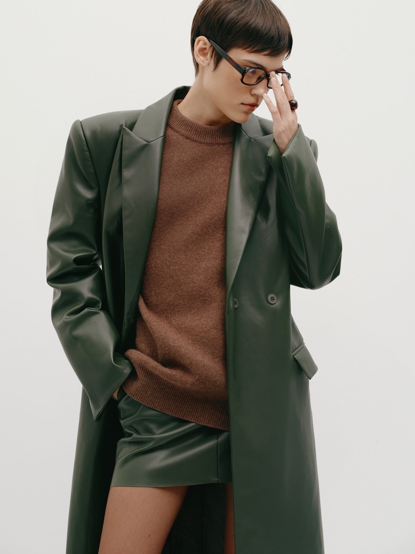 Пальто еко - шкіра максі зелене