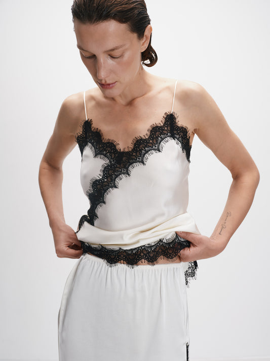 Сатиновий молочний подовжений топ з мереживом