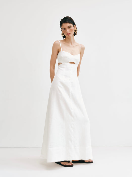 Молочна сукня з вирізами максі з льону