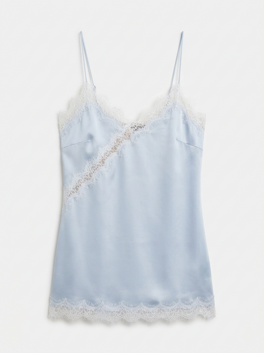 Сатиновий блакитний подовжений топ з мереживом