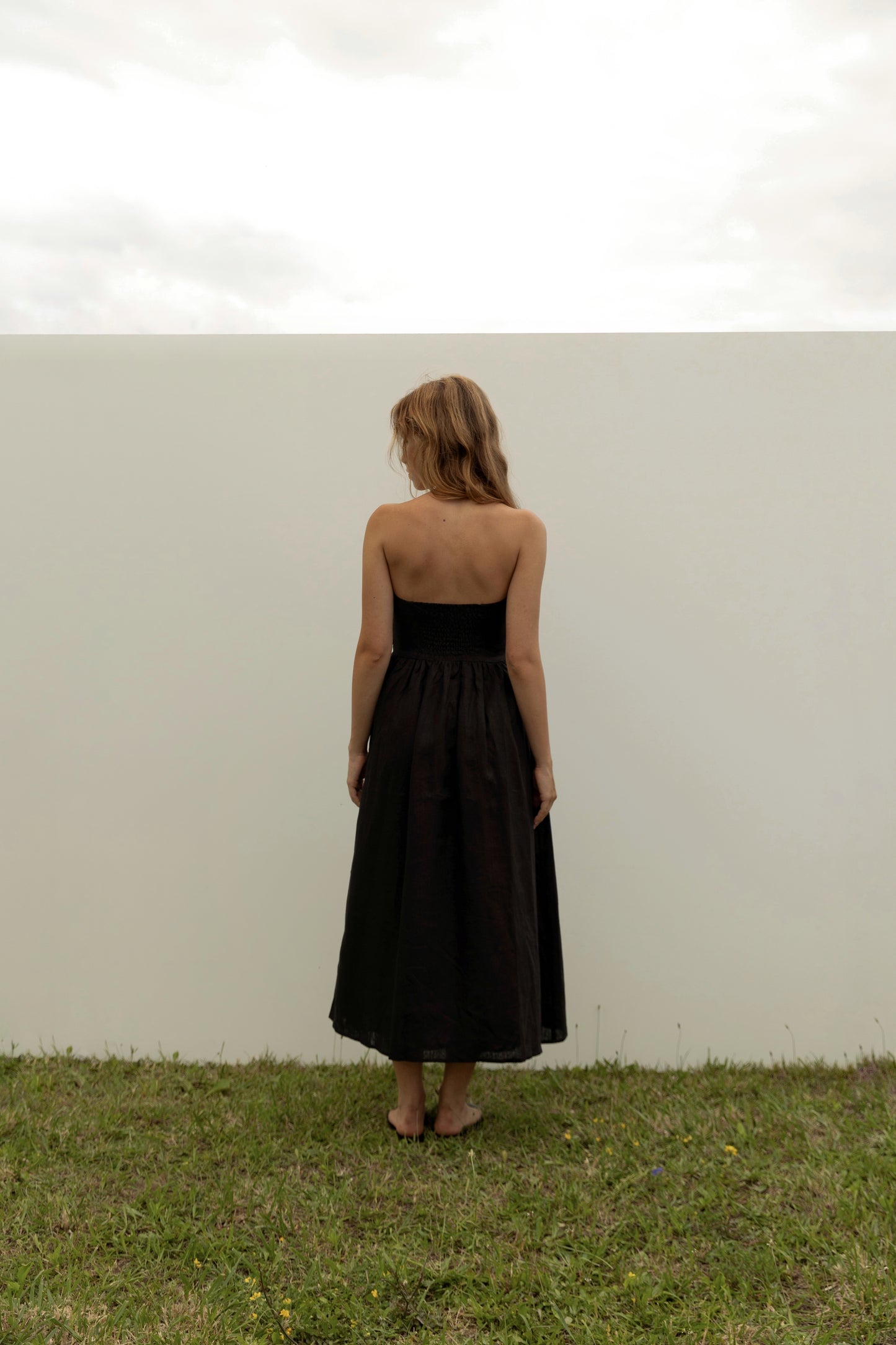 Black linen corset bandeau dress