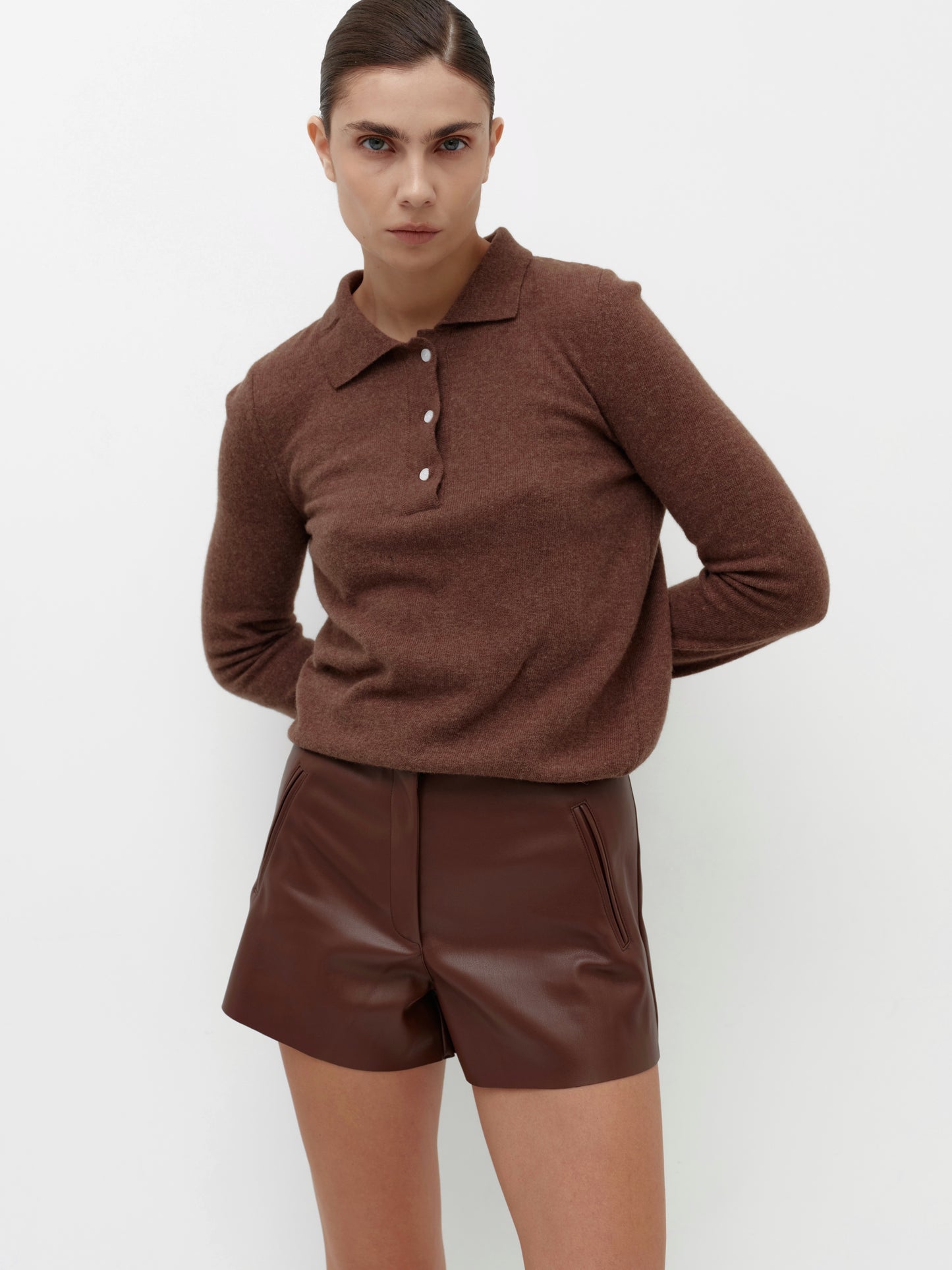 Brown eco-leather mini shorts