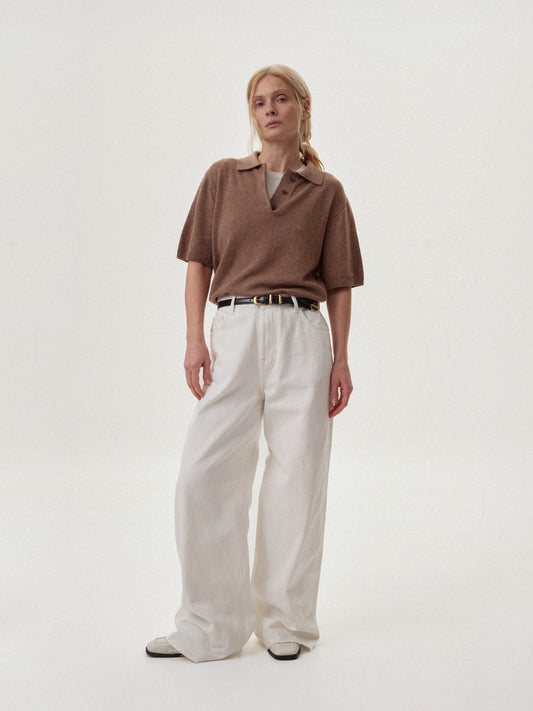 В'язане бежеве поло на короткий рукав