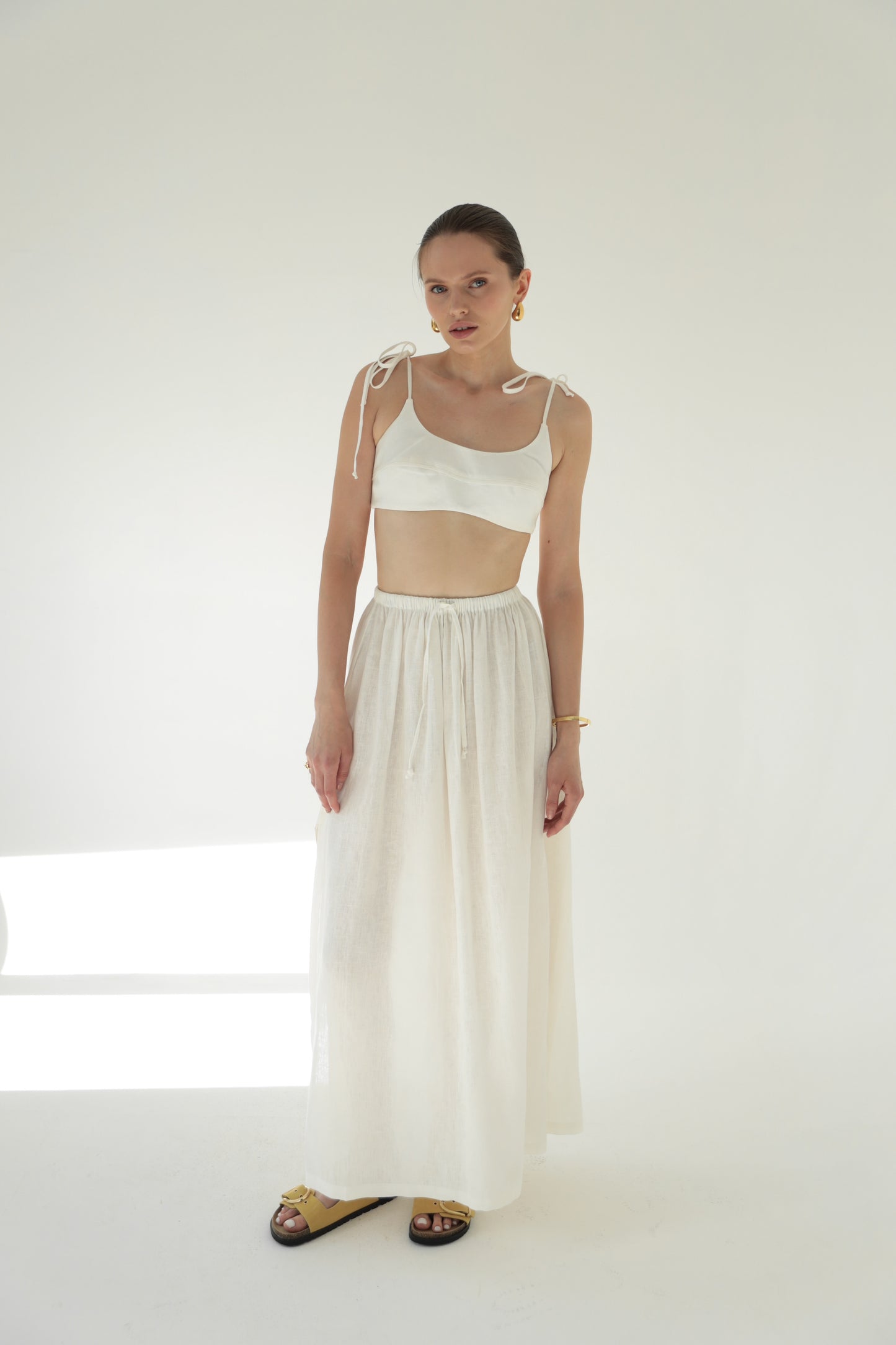 Linen milk-white maxi skirt