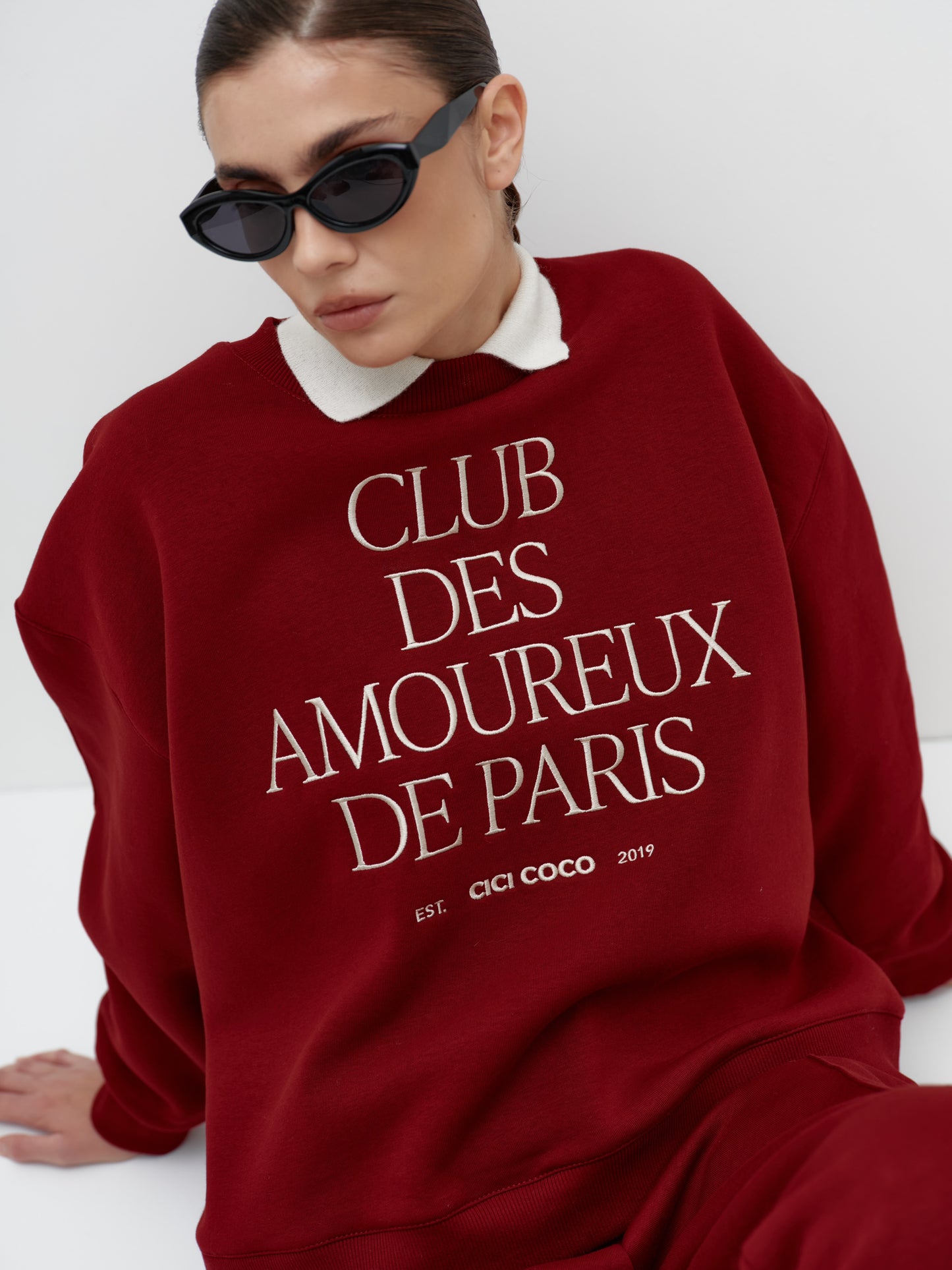 fleece sweatshirt with embroidery cherry red