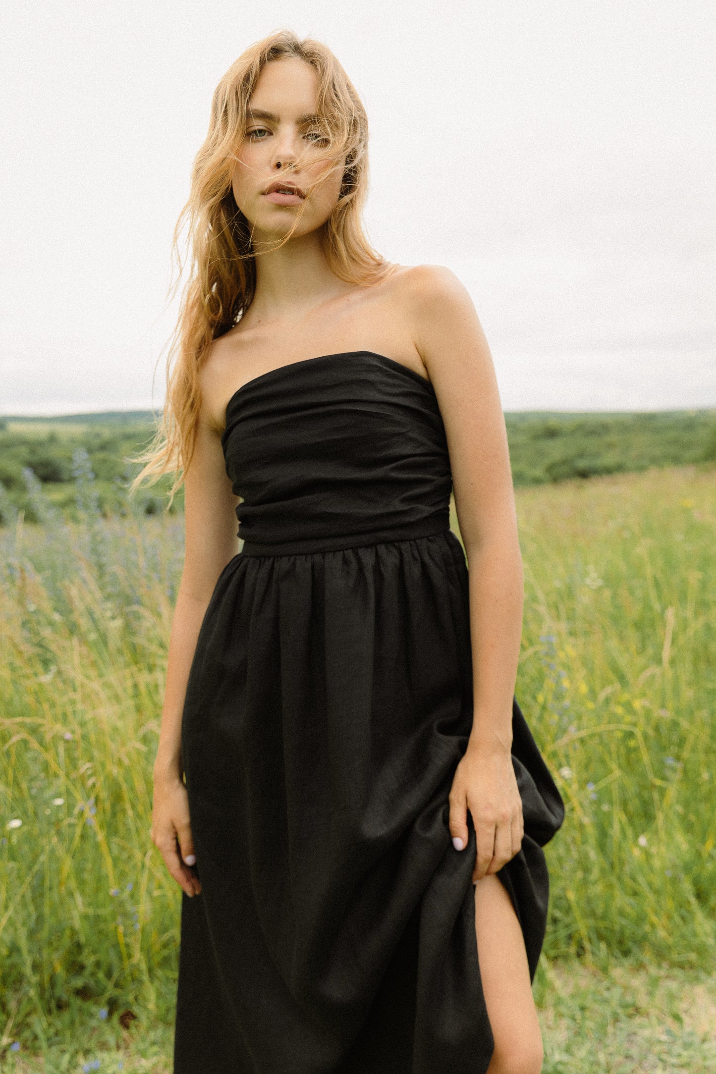 Black linen corset bandeau dress