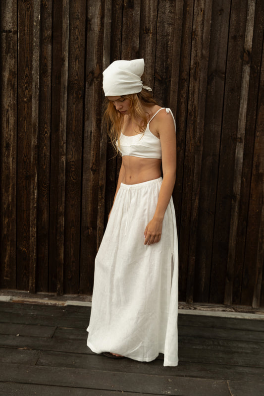 Linen milk-white maxi skirt