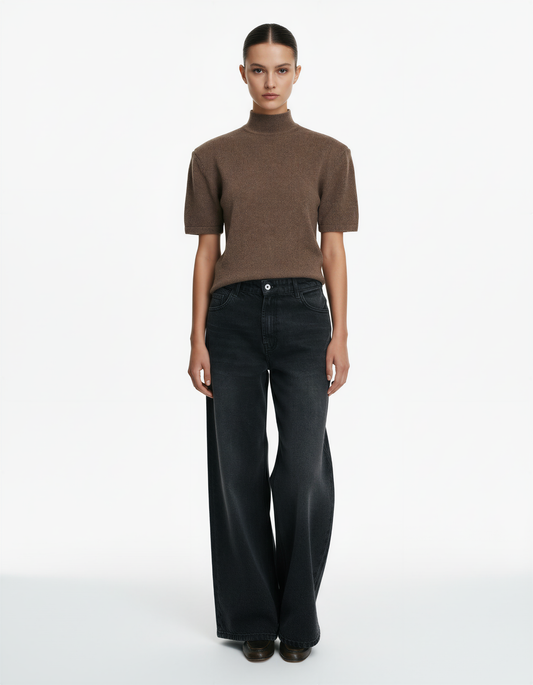 Вовняний гольф на короткий рукав з акцентними плечима бежевий