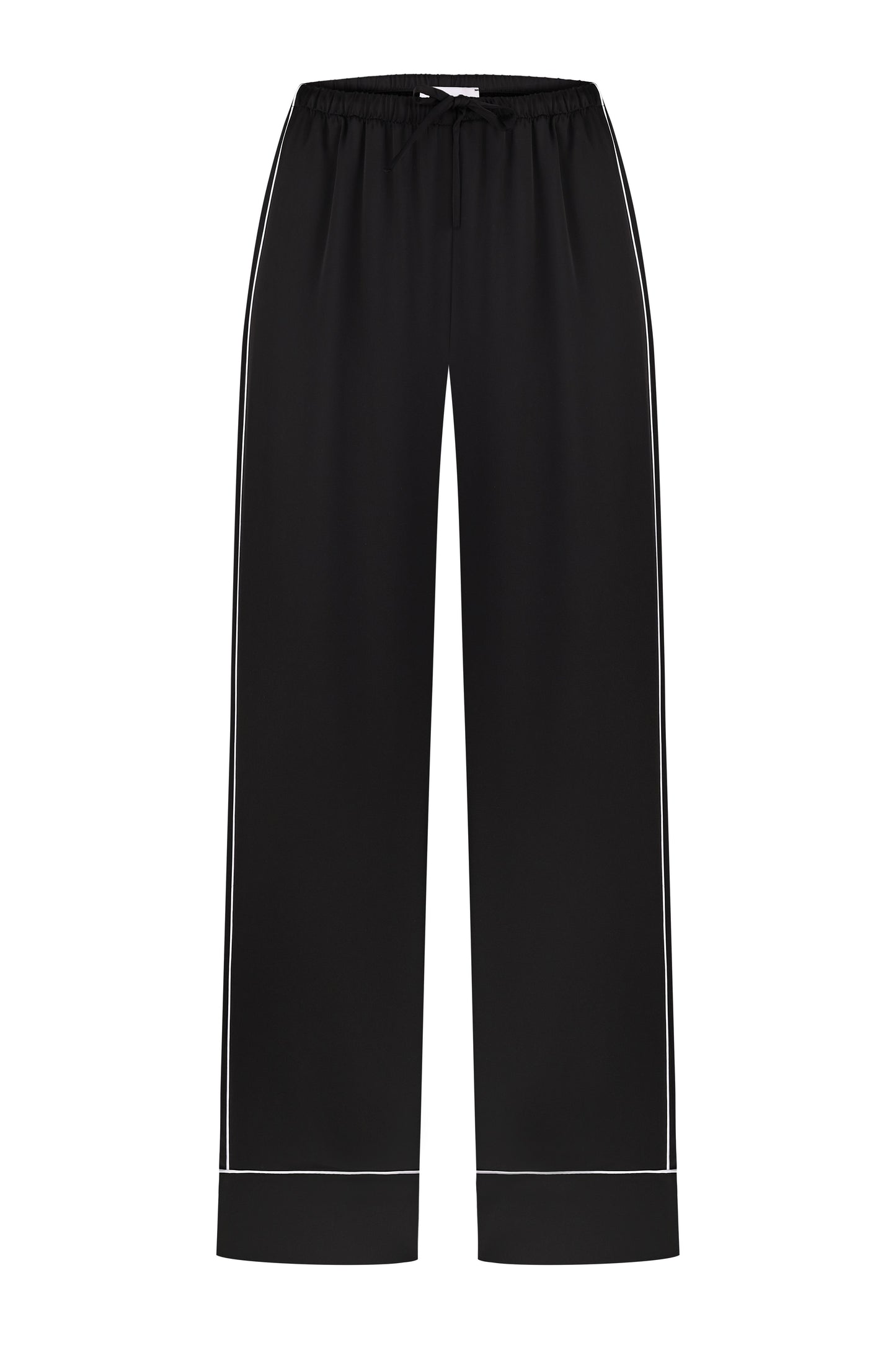 Black satin pajamas with contrasting piping