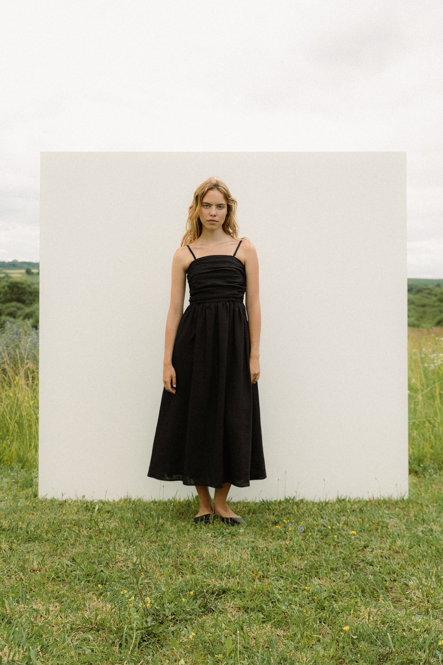 Black linen corset bandeau dress