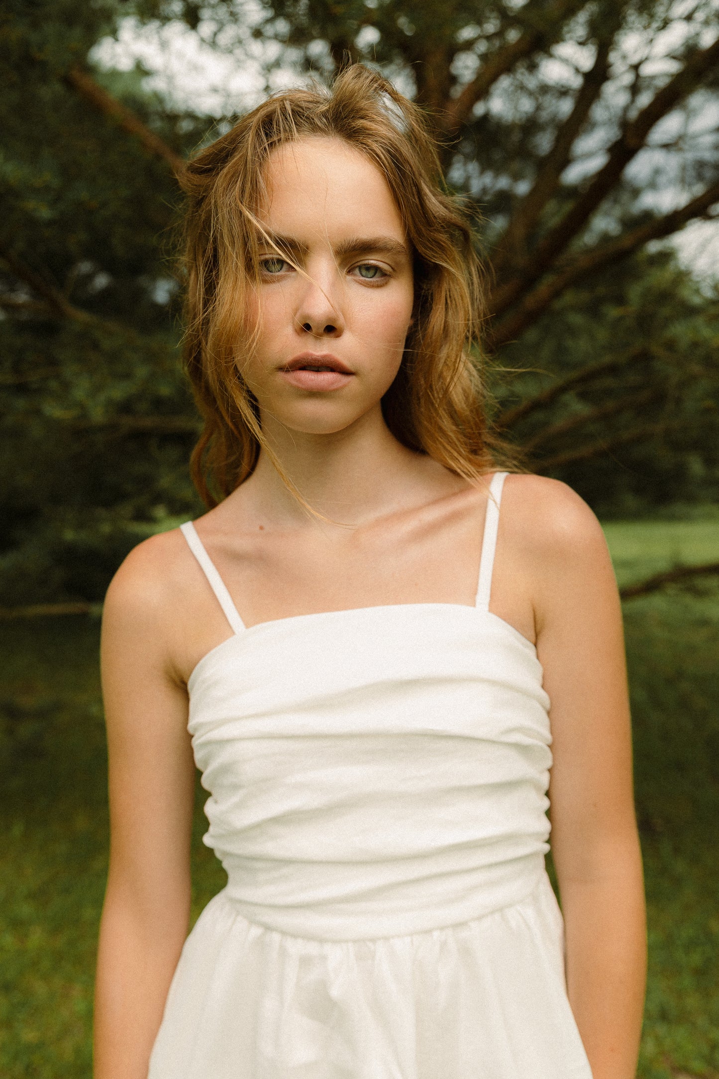 Milk-colored linen corset bandeau dress