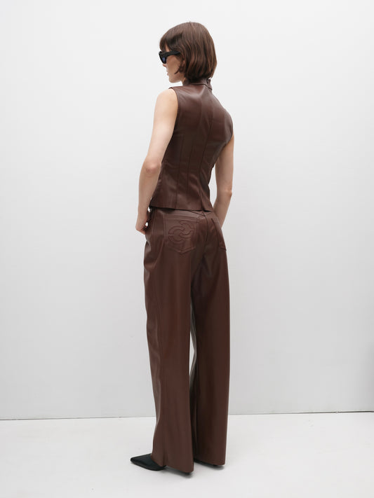 Штани еко-шкіра вільного крою коричневі з вишивкою