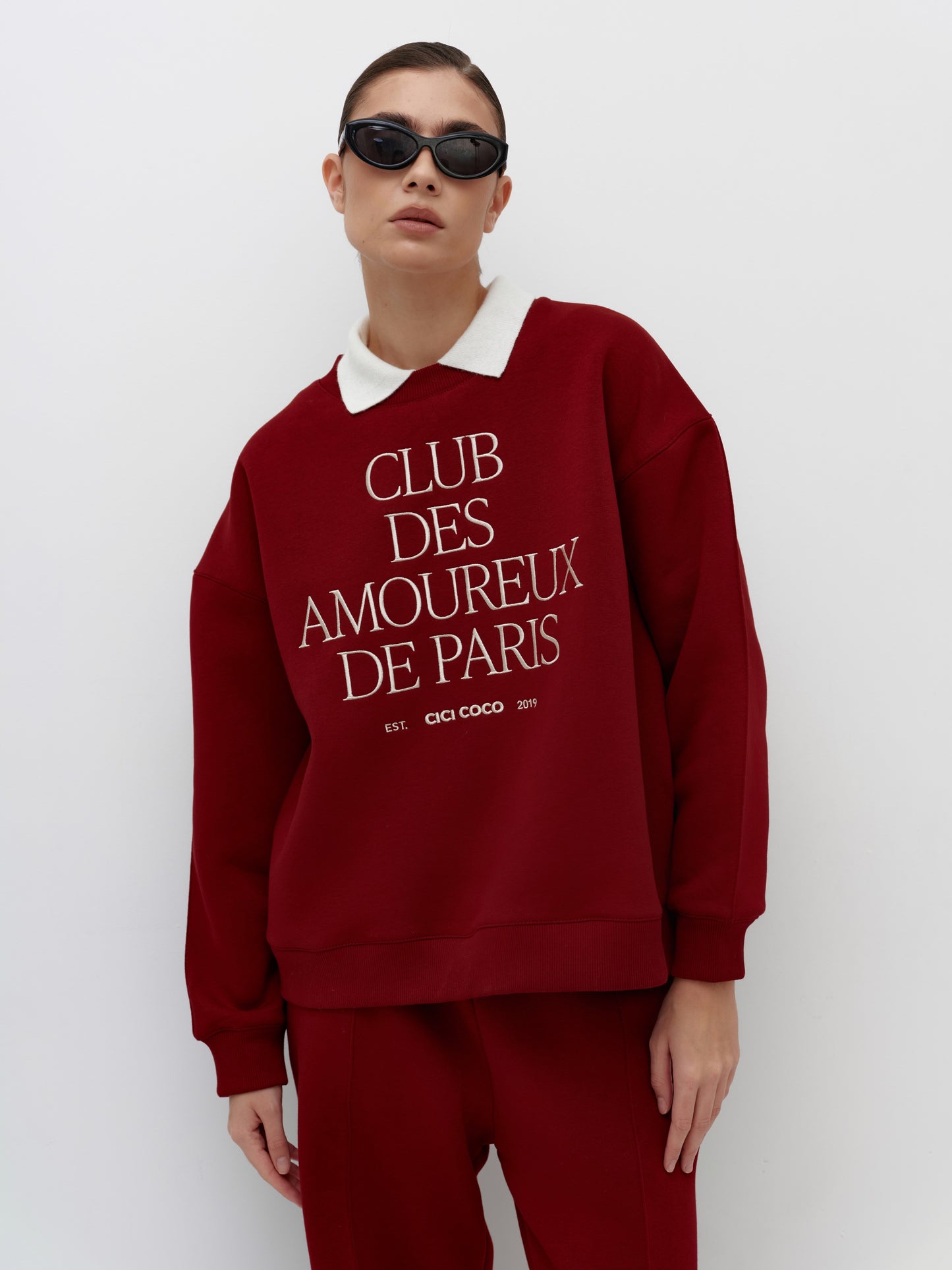 fleece sweatshirt with embroidery cherry red