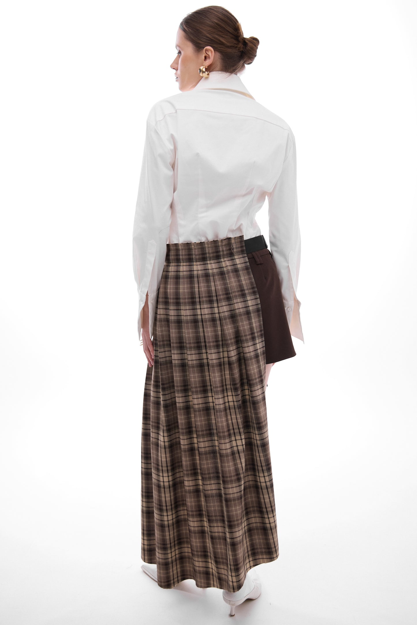 Pleated belt skirt in plaid