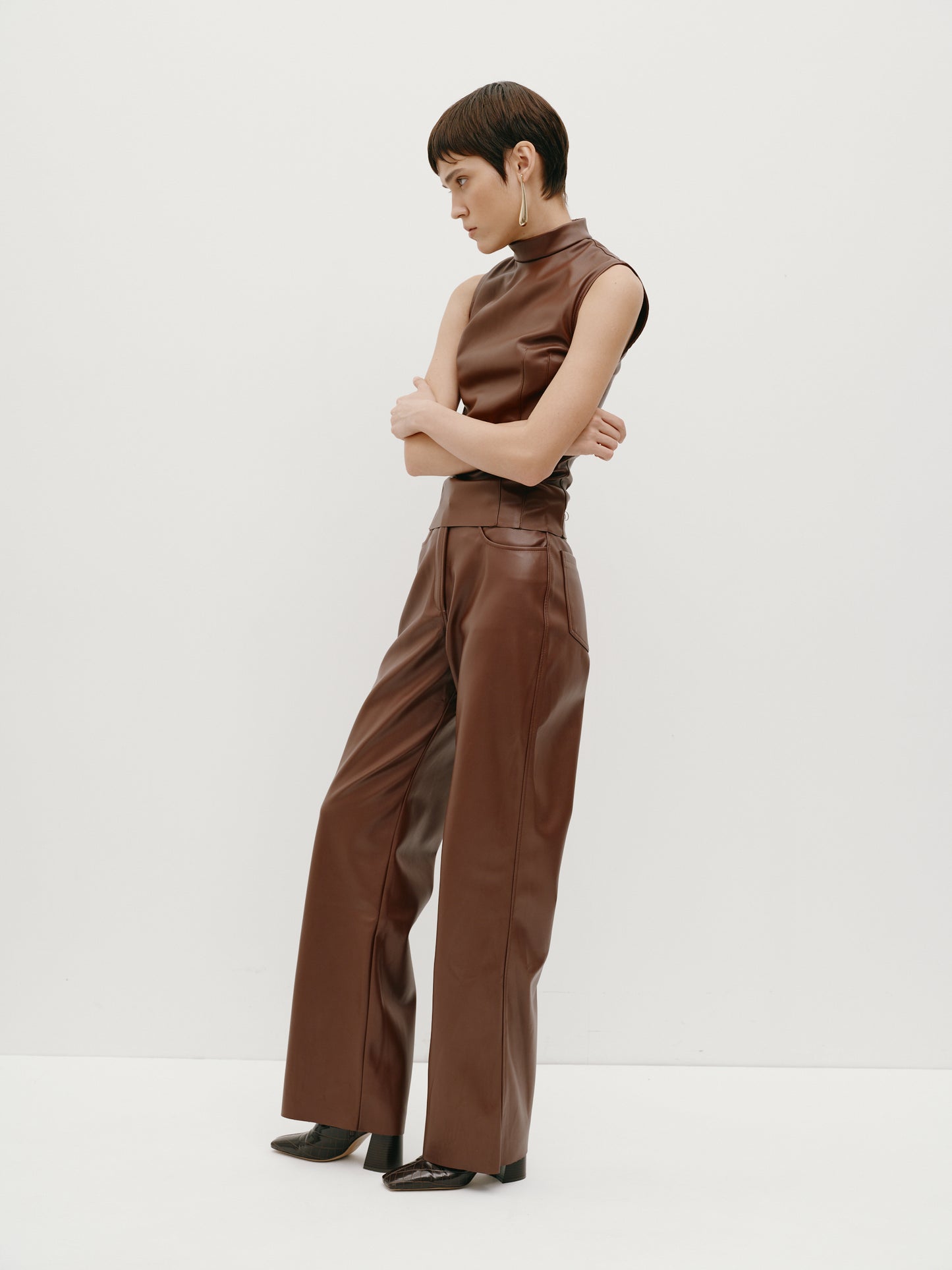 Brown Eco-Leather Trousers with a Loose Fit