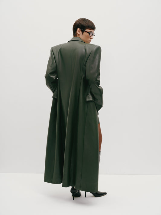 Eco-leather maxi coat in green