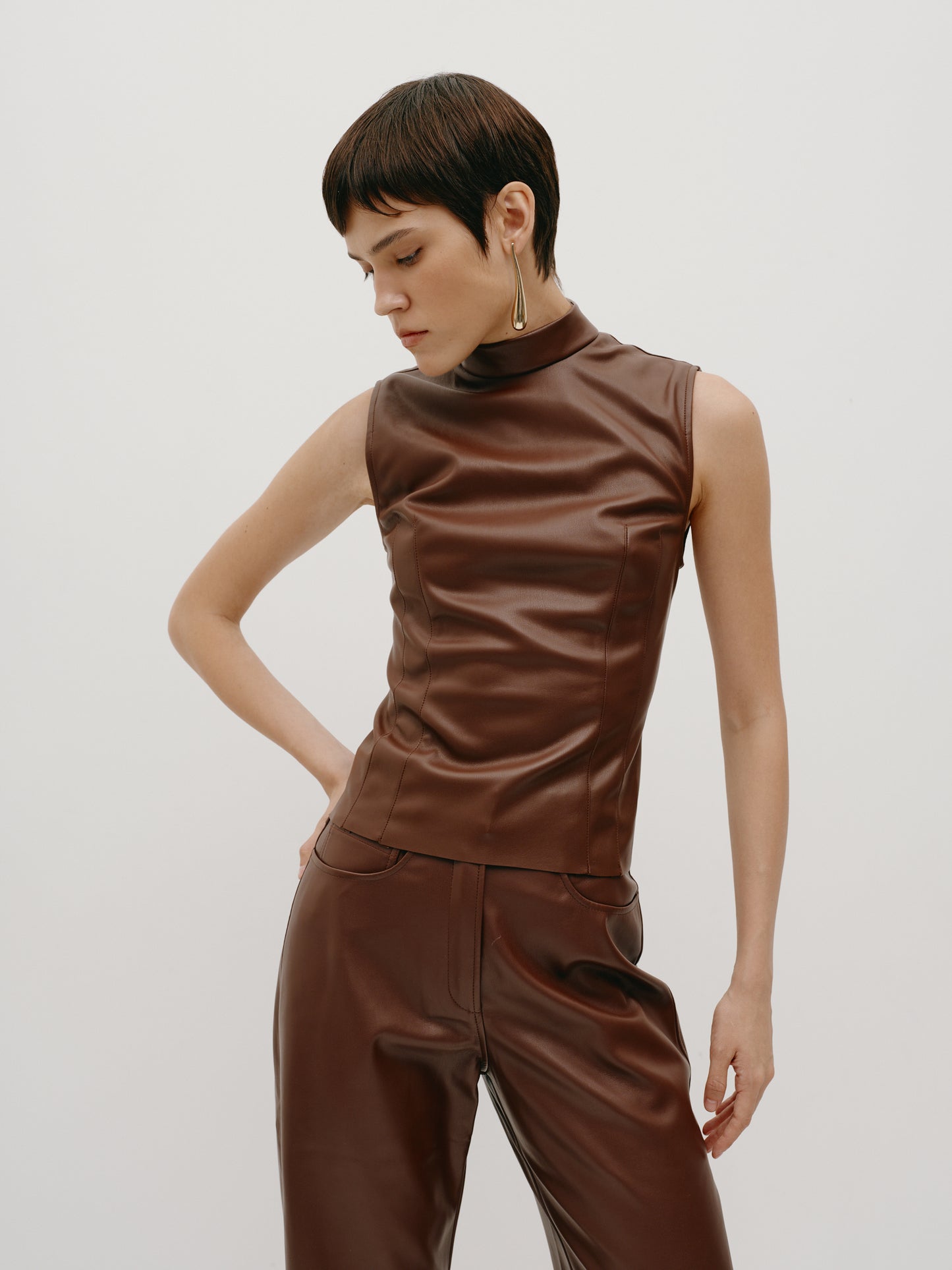 Brown Eco-Leather Trousers with a Loose Fit