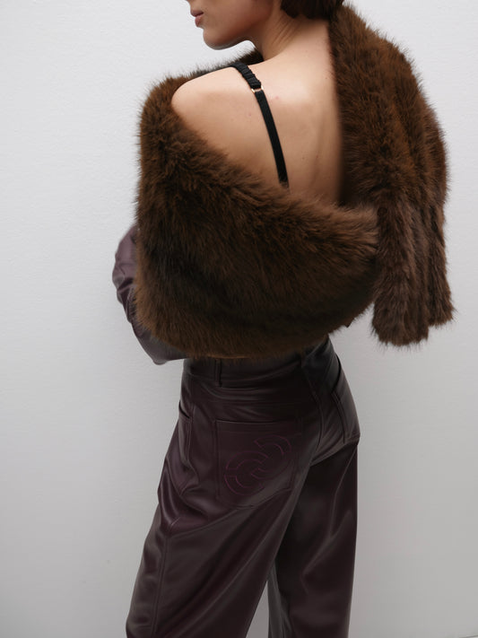 Штани еко-шкіра вільного крою сливові з вишивкою