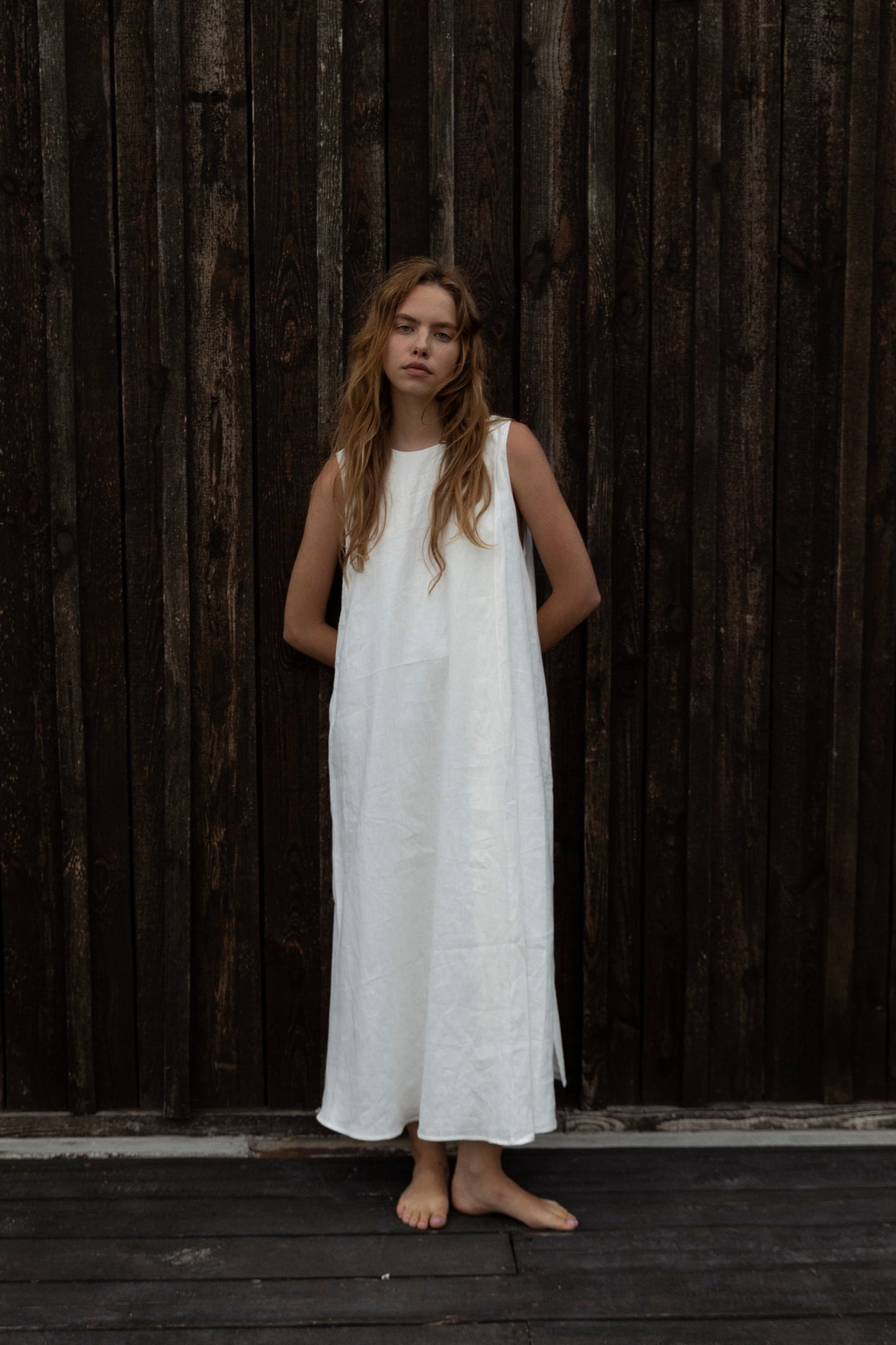 Milk-colored linen geometric dress