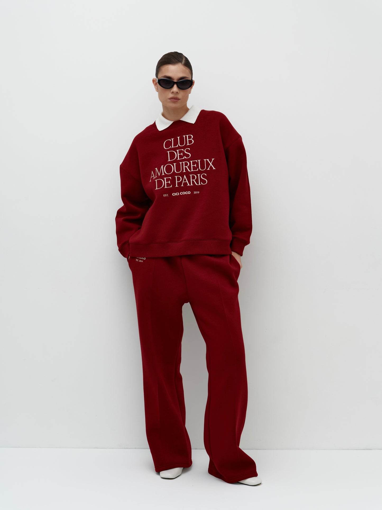 fleece sweatshirt with embroidery cherry red