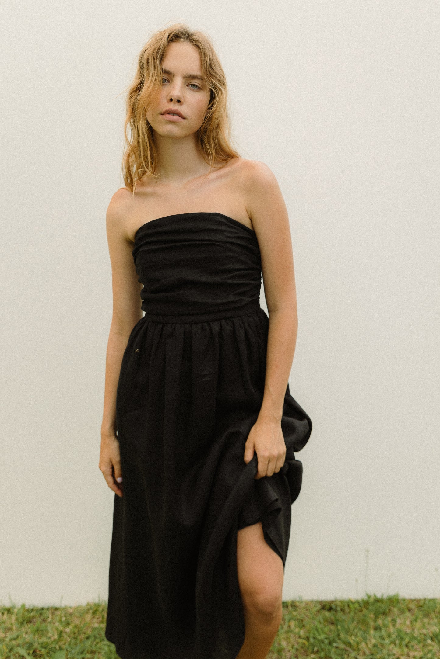 Black linen corset bandeau dress