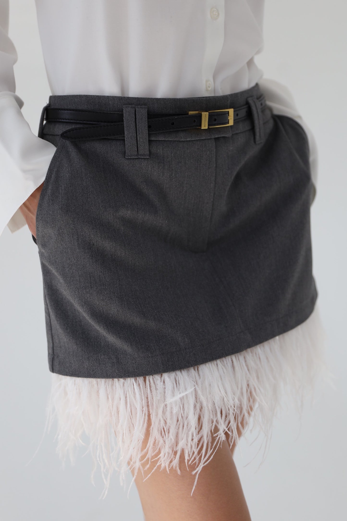 Gray Mini Skirt with Detachable Feathers