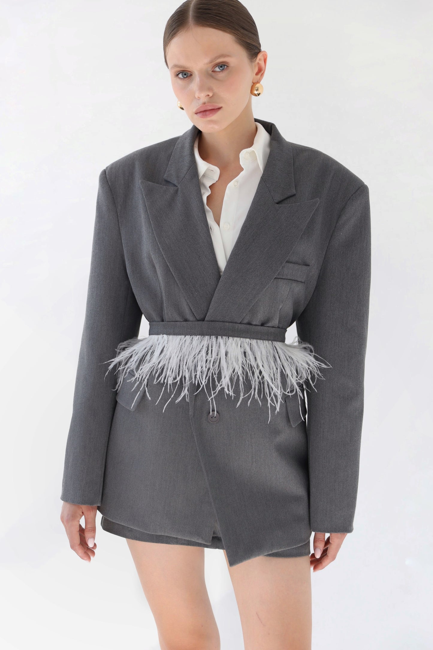 Gray Mini Skirt with Detachable Feathers