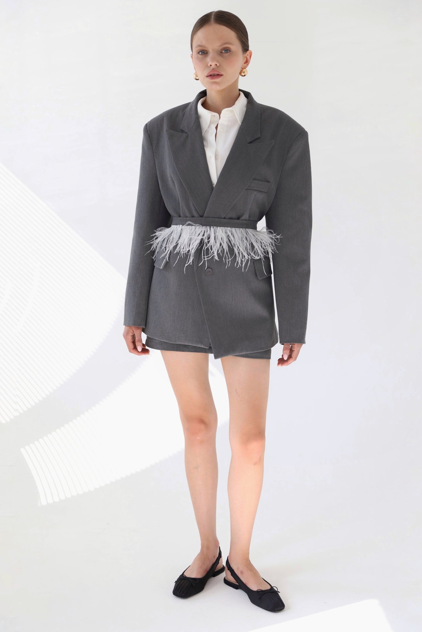 Gray Mini Skirt with Detachable Feathers